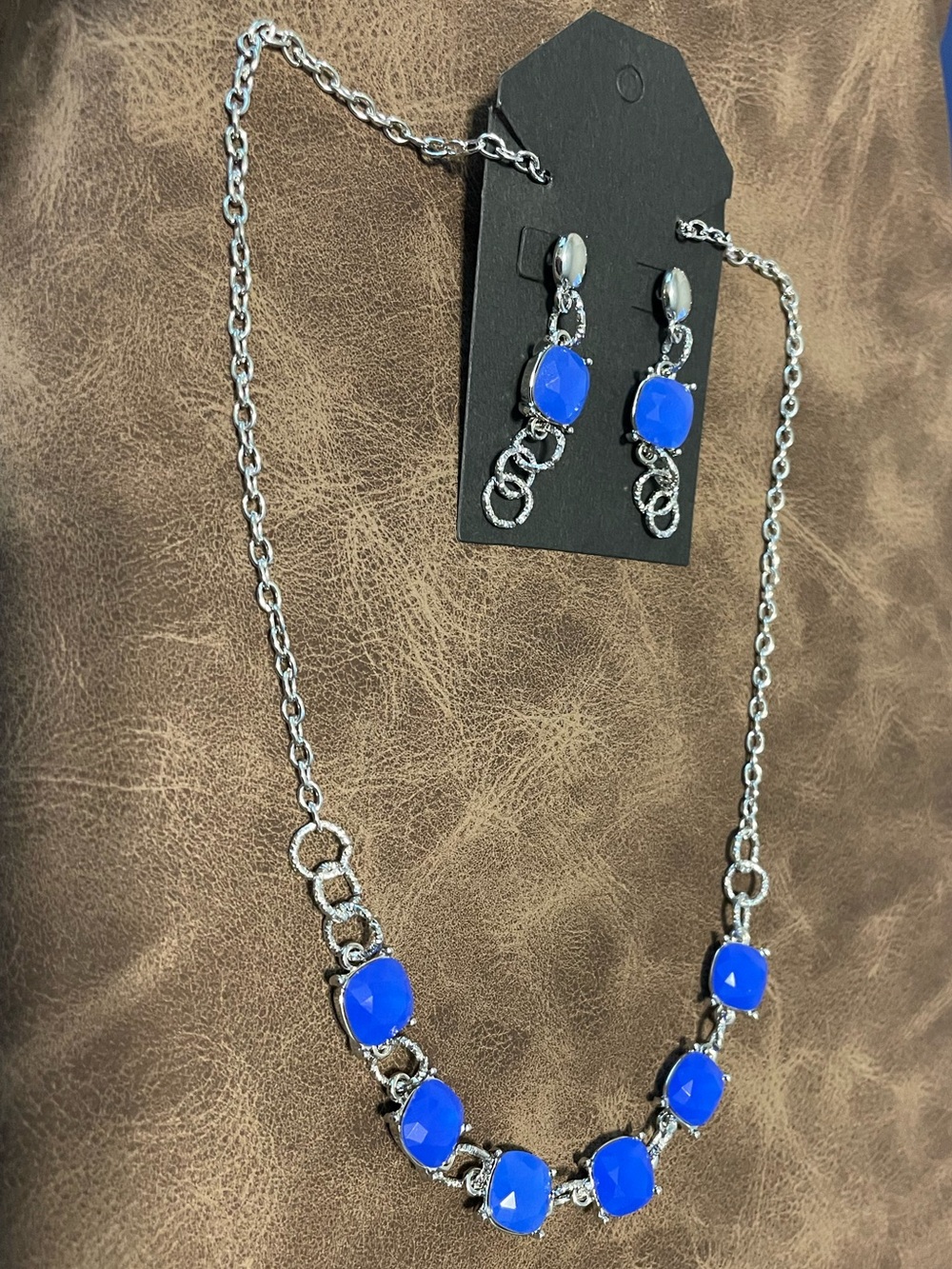 Silver-Tone Necklace and Earring Set with Bright Blue Stones